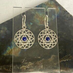 Sterling Silver 925 Lapis Openwork Round Mandala Trinity Star Dangle Earrings